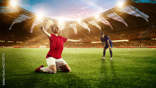 Win and lose. Two women  football player after match feeling happy and sad  3d open air stadium with blurred audience. Concept of professional sport  competition  dynamics  game  ad