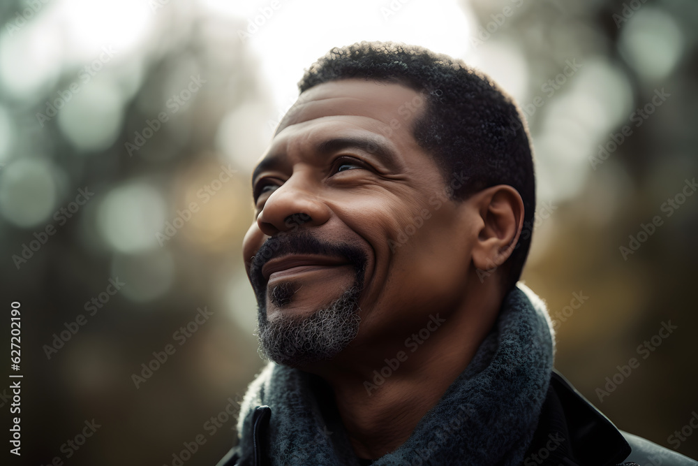A middle-aged African American man walking with an air of tranquility, his face radiating inner peace and contentment. Generative AI A middle-aged African American man walking with an air of tranquility, his face radiating inner peace and contentment. Generative AI