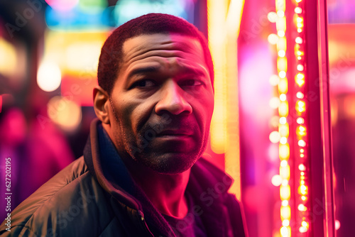 A middle-aged African American man walking through a busy street, his face etched with determination and passion, bathed in the vibrant glow of neon signs. Generative AI