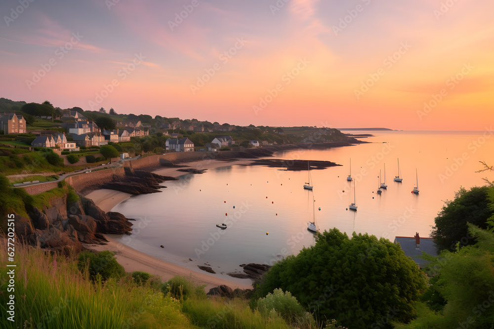 Serene sunset over a tranquil seaside town, with sailboats gently gliding on calm waters, evoking a sense of relaxation and coastal charm during the summer months. Generative AI