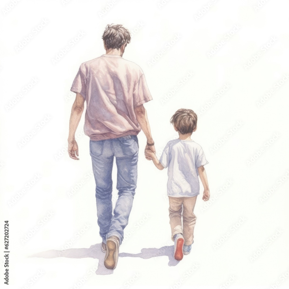 Back view of father and Child holding hands, walking together Back view of father and Child holding hands, walking together