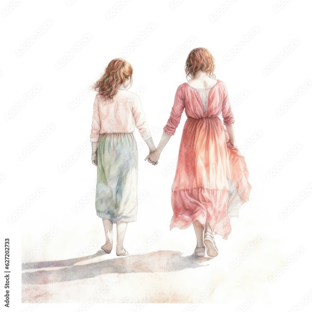 mother and child walking together in pastel drawing