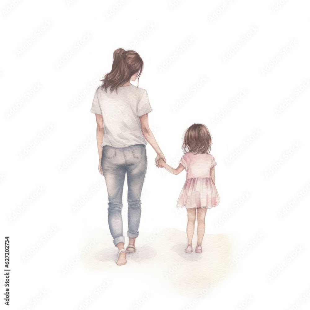 Back view of Mother and Child holding hands, walking together Back view of Mother and Child holding hands, walking together