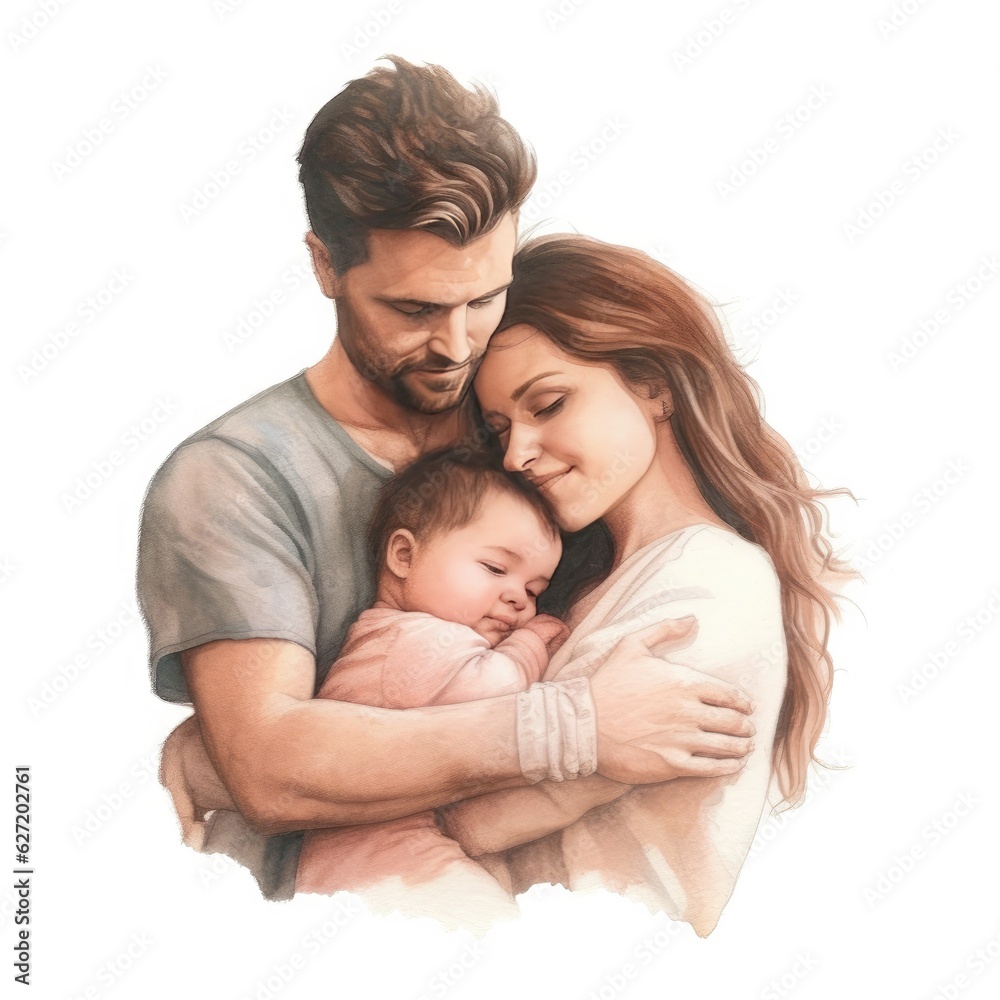 Mother and Father holding their child with love, in pastel painting style