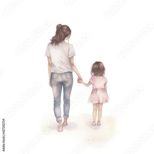 Back view of Mother and Child holding hands, walking together