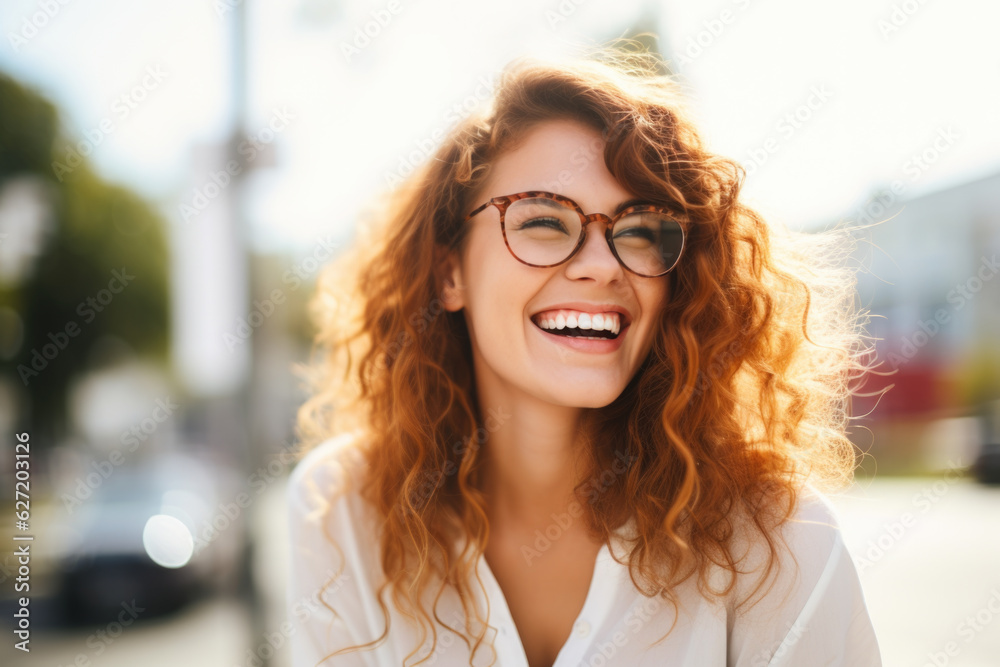 custom made wallpaper toronto digital Portrait of happy young woman wearing glasses outdoors