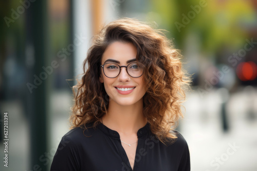  Portrait of happy young woman wearing glasses outdoors