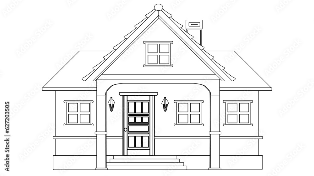 Outline of one-story house with porch and canopy isolated on white background. Clipart. Outline of one-story house with porch and canopy isolated on white background. Clipart.
