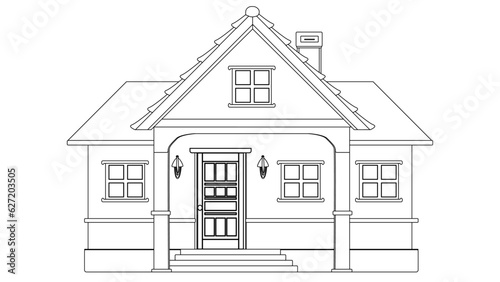 Outline of one-story house with porch and canopy isolated on white background. Clipart.