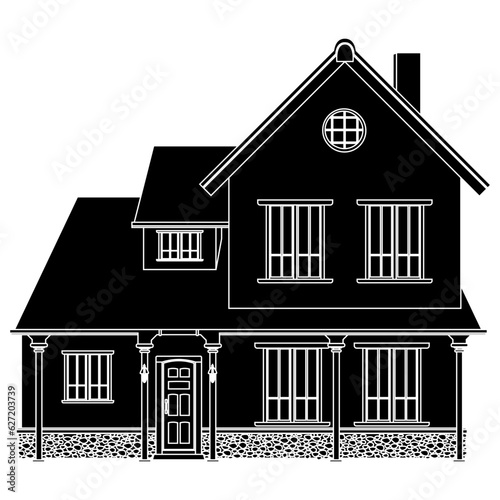 Black silhouette of two-story house with porch isolated on white background. Clipart.