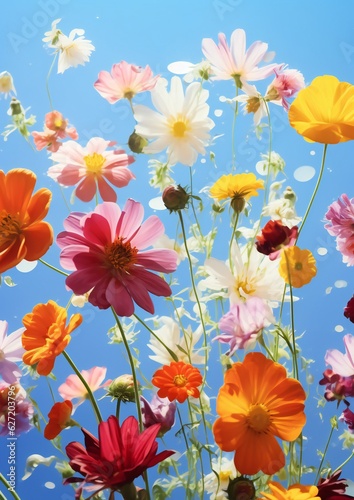 Blooming Colourful Flowers On Blue Sky Background © kilimanjaro 