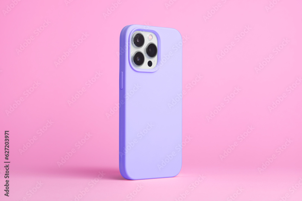 smart phone in purple case back side view isolated on pink background, iPhone 15 Pro case mock up smart phone in purple case back side view isolated on pink background, iPhone 15 Pro case mock up