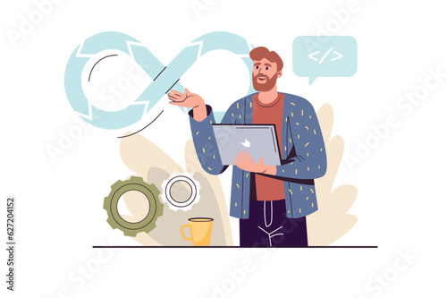 Devops concept with people scene in the flat cartoon style. The manager tries to optimize the work of all parts of the company. Vector illustration.