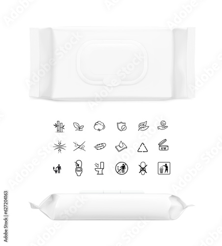 Wet wipes package bag mockup with realistic shadow. Vector illustration isolated on white background. Can be use for your design, promo, adv and etc. EPS10.