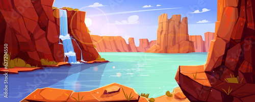 Canyon landscape with river and waterfall. Vector cartoon illustration of water flowing between rocky mountains, green grass on stone cascade, sun shining in blue sky with clouds, prehistoric scenery