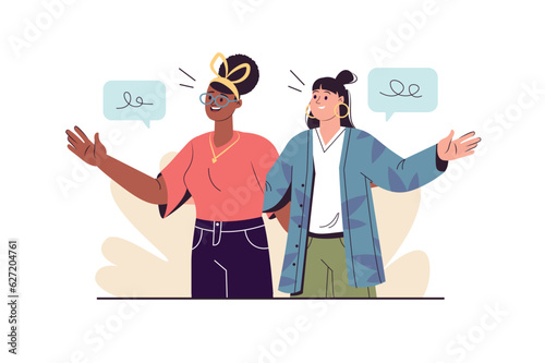 Happy people standing together concept with people scene in the flat cartoon design. Two friends are having fun together. Vector illustration.