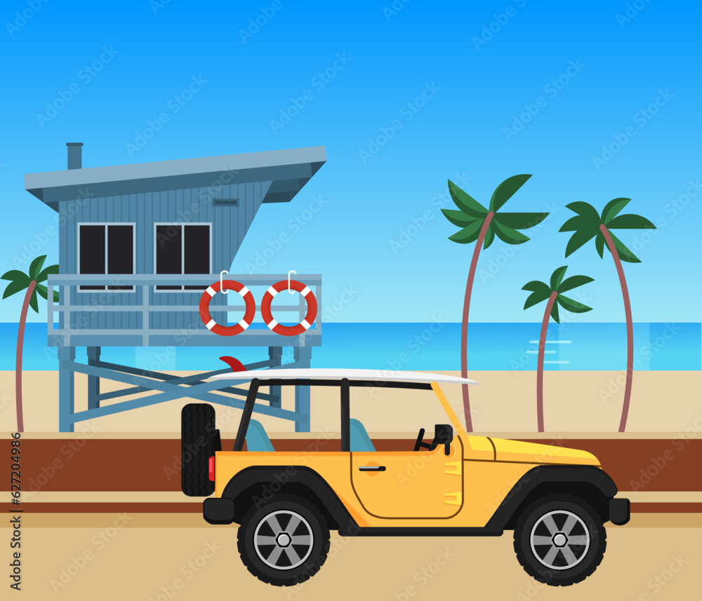 car on the beach, Summer vacation surf  car sunrise tropical beach retro surfing vintage greeting card template poster flat vector illustration