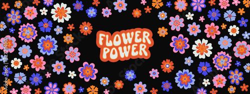 Vector retro groovy psychedelic daisy pattern. Bold retro psychedelic banner on black backdrop. Flower Power typography. Cool bright floral background. Cute funky hippy trippy blue pink daisies banner
