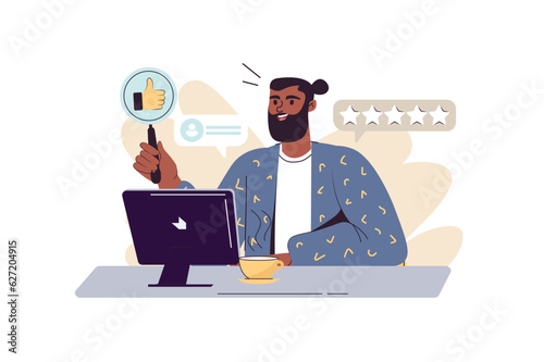 Best feedback concept with people scene in the flat cartoon style. The blogger reviews the feedback of his subscribers. Vector illustration.