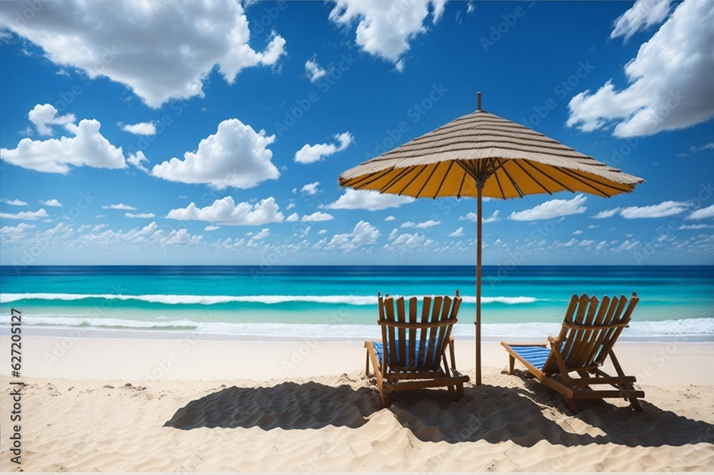 Fototapeta premium Landscape summer vacation holiday travel ocean sea beach background banner panorama - Wooden sun loungers, lounge chair and parasol on the sand, blue sky and sunshine