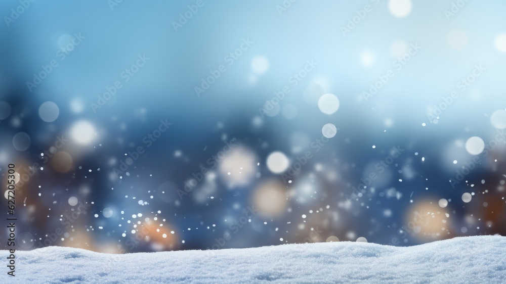 Winter holiday Christmas xmas background banner greeting card - Snow and blue sky, forest landscape and snowflakes bokeh in background (Generative Ai)