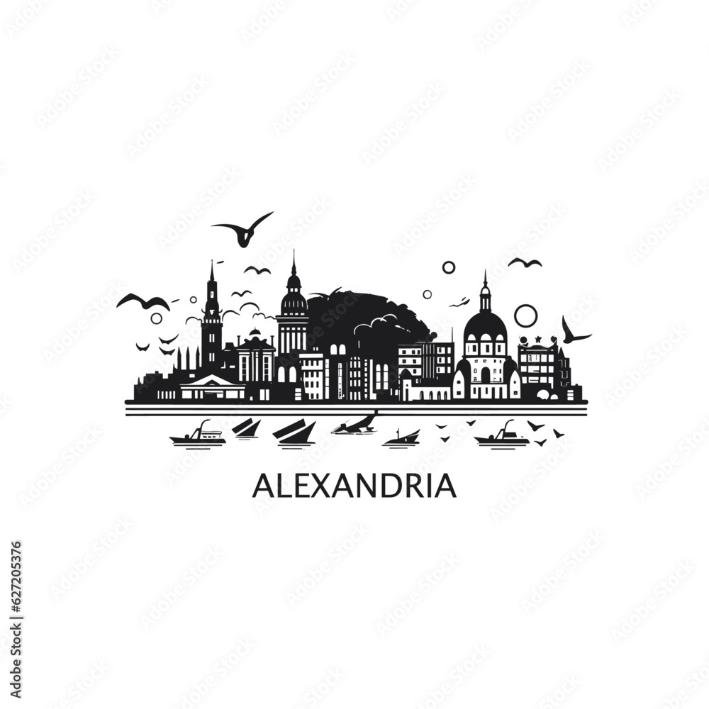 Egypt Alexandria ancient city landscape skyline logo with landmarks. Panorama vector flat shape abstract Egyptian simple black icon emblem with mosque and waterfront