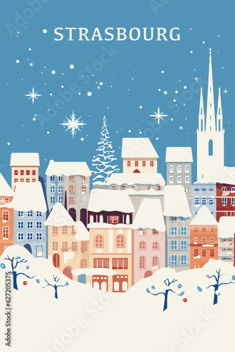 France Strasbourg winter Christmas city poster with abstract shapes of landmarks and buildings. Vintage travel vector illustration Alsace in snow