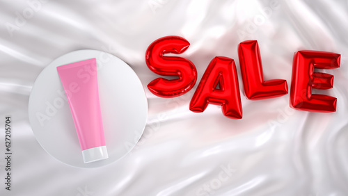 3d render. top view of the pink facial foam tube podium for product showcase with red balloon text 