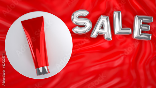 3d render. top view of the red facial foam tube podium for product showcase with silver balloon text 
