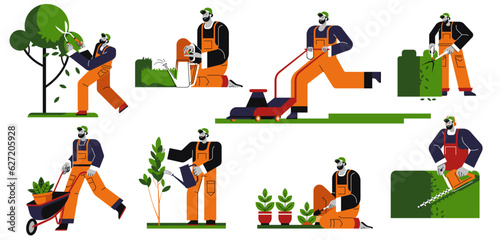 Gardening man cutting tree leaves, bushes twigs