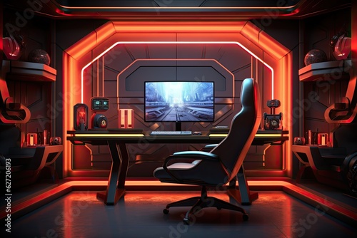 3D rendering of a spaceship interior with a gaming table and chairs, 3D rendering of a gaming room with a computer and a chair, AI Generated