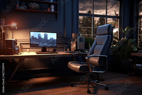 3d rendering of home office interior with computer. Workplace concept. 3D rendering of a gaming room with a computer and a chair, AI Generated
