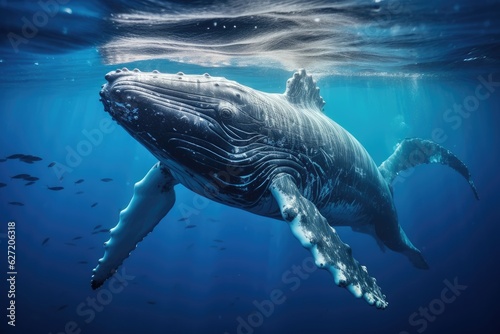 Humpback whale in the blue ocean. Underwater world. A Baby Humpback Whale Plays Near the Surface in Blue Water, AI Generated