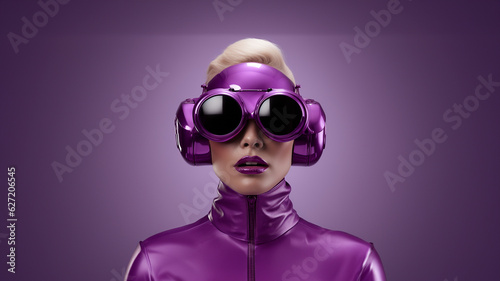Frau Gesicht mit modischer futuristischer Cyberspace Brille mit tollen Makeup in der Farbe lila Nahaufnahme, ai generativ