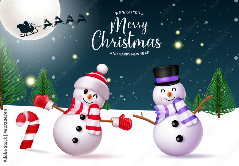 Merry christmas text vector design. Christmas snow man characters in xmas eve snow frost outdoor background. Vector illustration winter seasonal design.