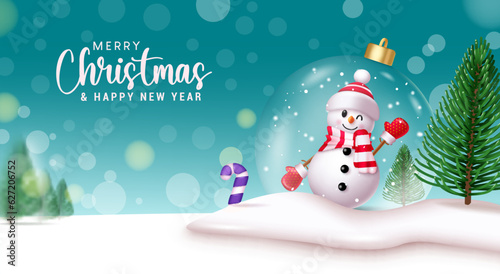 Merry christmas text vector design. Christmas snow man character in glass crystal ball xmas ornament decoration for holiday celebration. Vector illustration winter season background.