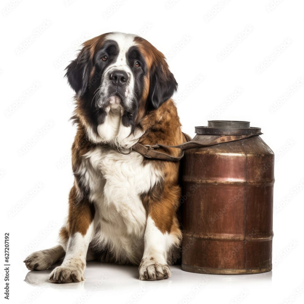 A Saint Bernard (Canis lupus familiaris) as a mountain rescuer, with a tiny barrel of brandy.