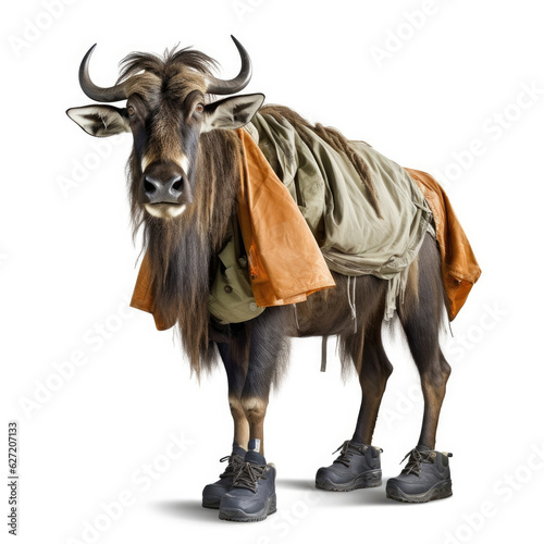 A Wildebeest (Connochaetes) in a sprinter's outfit with shoes and number.