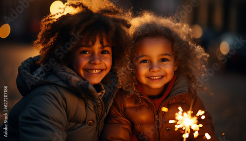 Children with fireworks stick. Holiday dynamic postcard. Happy children holding a lighted fireworks on a blurred background of a bright Christmas garland.  Happy New Year concept © annebel146
