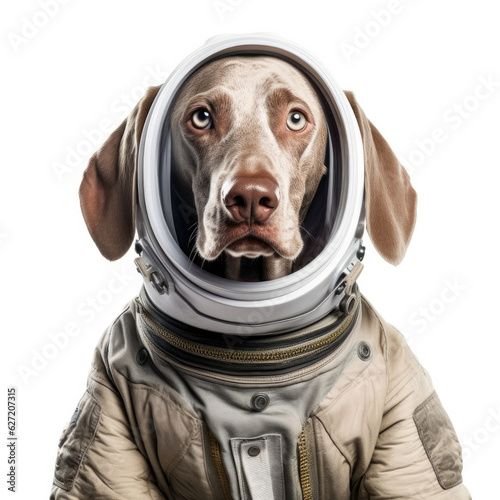 A Weimaraner  Canis lupus familiaris  in a spacesuit.