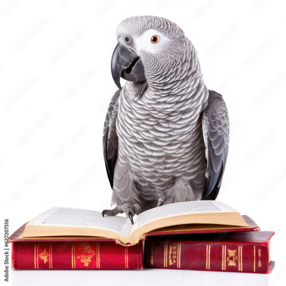 Obraz premium A African Grey Parrot (Psittacus) as a professor, reading a tiny book.
