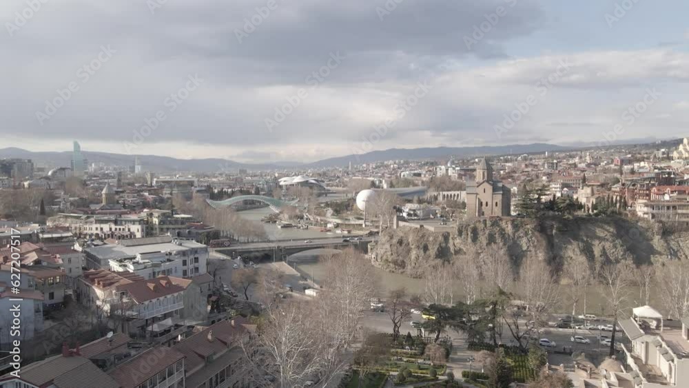 Aerial view of Metekhi church in old Tbilisi located on cliff near river Kura Aerial view of Metekhi church in old Tbilisi located on cliff near river Kura