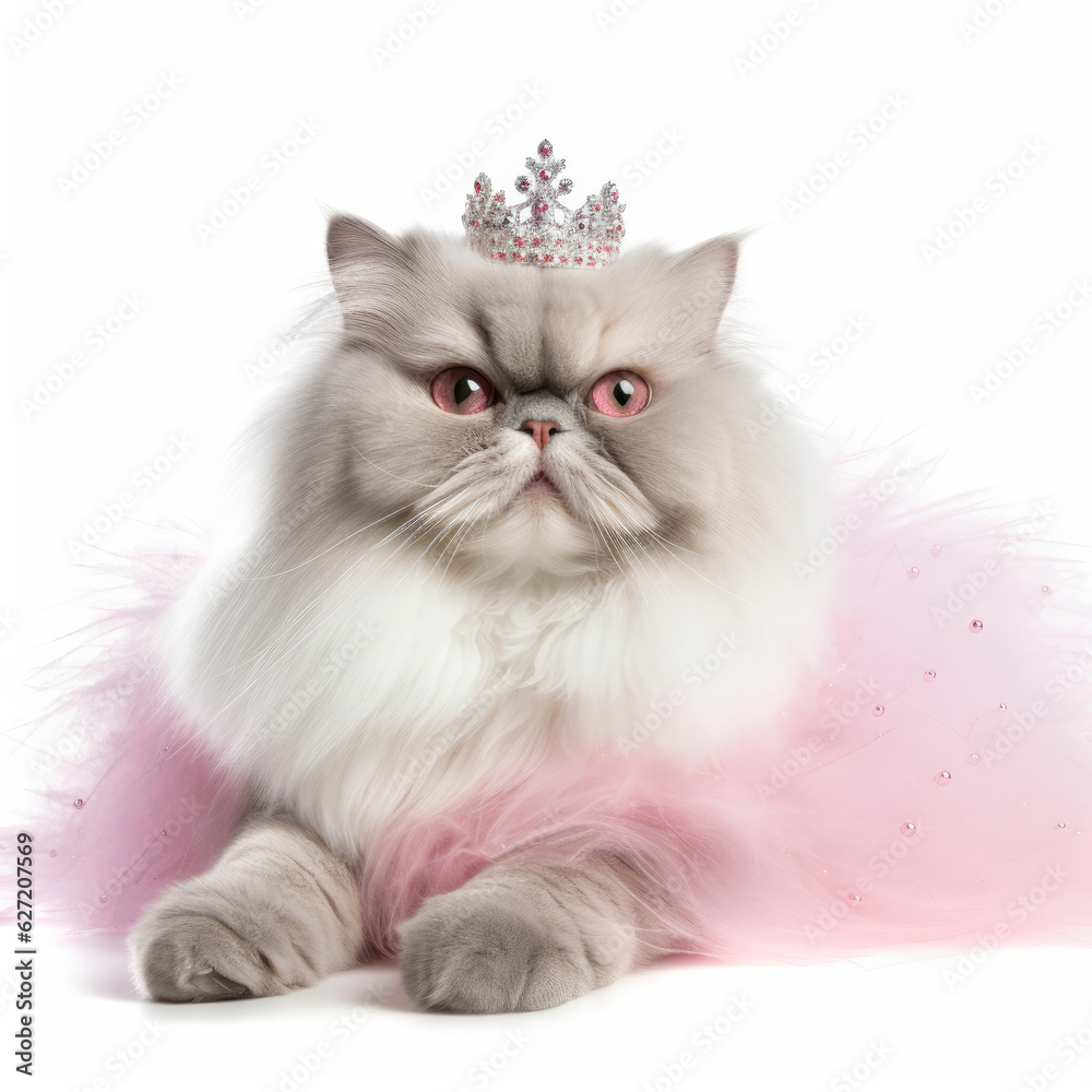 A Persian Cat (Felis catus) with a sparkling tiara and a pink tutu.