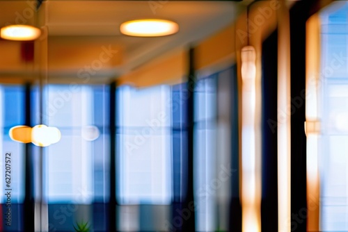 Blurred background of a modern office interior. Warm  light and cold glass windows. Free space for design