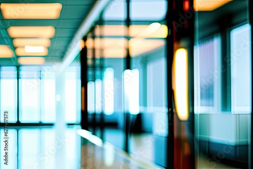 Blurred background of an office hall interior. Cold colors with warm light. Free space for design