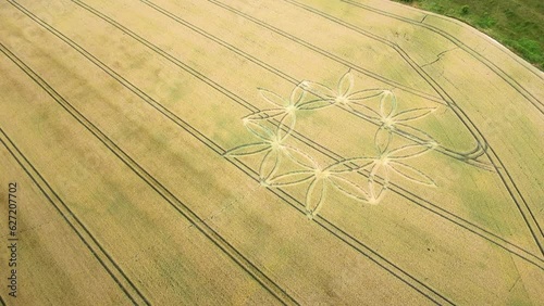 Geometric crop circle formation, drone flyover reveal view, Warminster, UK photo