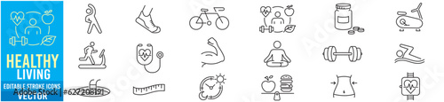 Healthy Lifestyle editable line icons wellness relaxation health exercise yoga spa diet wellbeing collection.