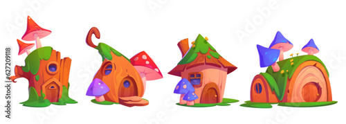 Cartoon set of cute fairytale houses isolated on white background. Vector illustration of fantasy tree stump huts with wooden door, porch and round window, mushrooms, moss on roof. Forest dwarf home