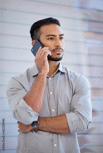 Quadro su tela Serious, phone call and Asian man with business, contact and connection with communication, talking and speaking