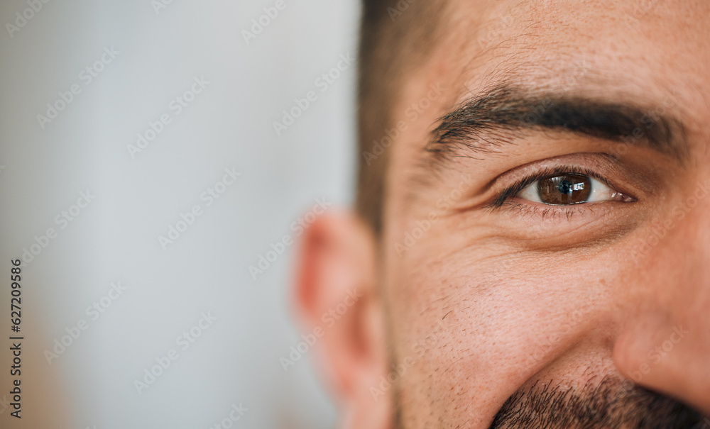 Fototapeta premium Happy, eyes and half portrait of man in office for career goals, vision and professional company. Startup, business and face closeup of male worker with smile for advertising, mockup and copy space